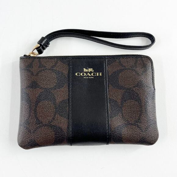Coach Signature C Logo Zip Square Canvas Wallet Wristlet Brown Black - Picture 1 of 8